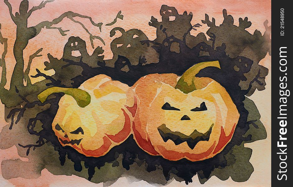 Halloween frightful congratulation card (hand-drawn with watercolor)