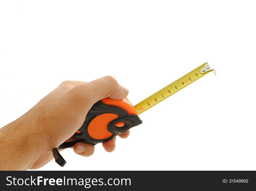 Man hand holding a tape measure on white background