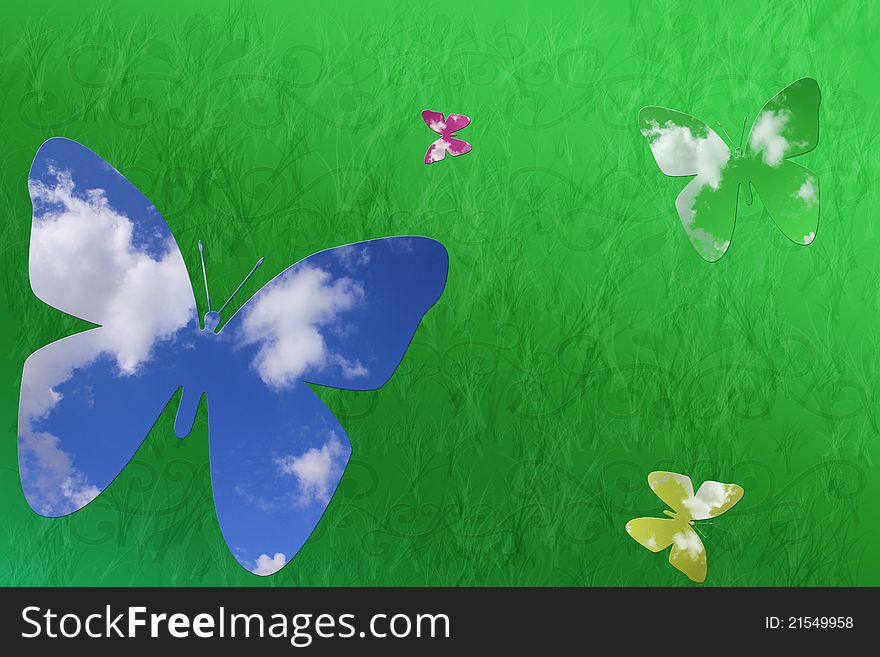 Spring green background with colorful butterflies. Spring green background with colorful butterflies