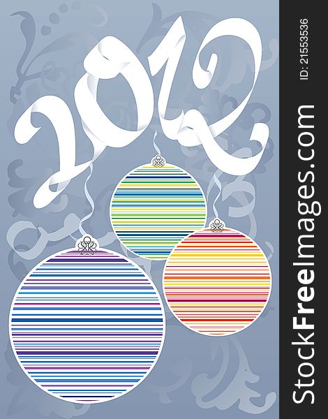 Colorful Decorative balls with New Year title of white ribbon on cold blue background. Colorful Decorative balls with New Year title of white ribbon on cold blue background