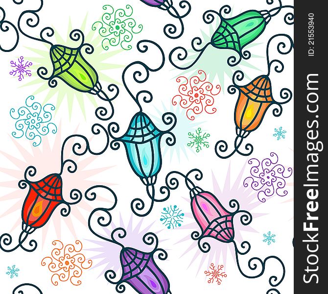 Seamless pattern with colorful christmas small lamps and snowflakes. Seamless pattern with colorful christmas small lamps and snowflakes