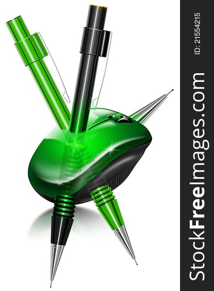 Illustration with green mouse and green and black propelling pencils, the concept of design and creativity to the computer. Illustration with green mouse and green and black propelling pencils, the concept of design and creativity to the computer