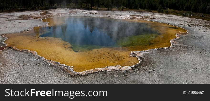 Panorama photo of the Yellowstone National Park, landscape with Morning Glory Pool. Panorama photo of the Yellowstone National Park, landscape with Morning Glory Pool