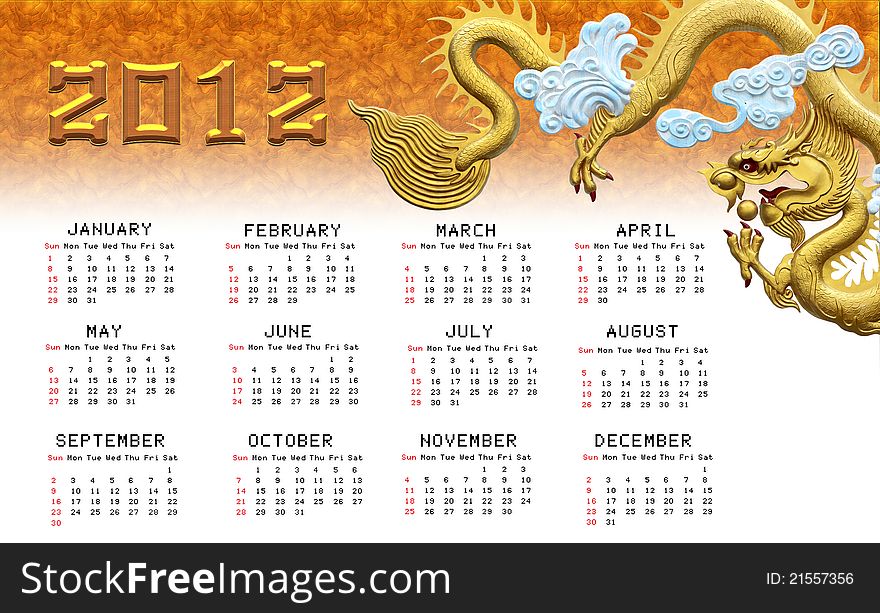 Golden dragons calendar 2012 On Orange background.