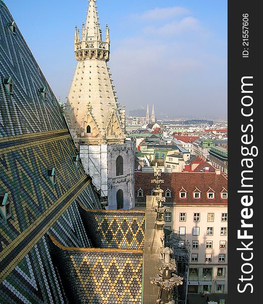 View of the roof of St. Stephen's Cathedral, and the city below. View of the roof of St. Stephen's Cathedral, and the city below.