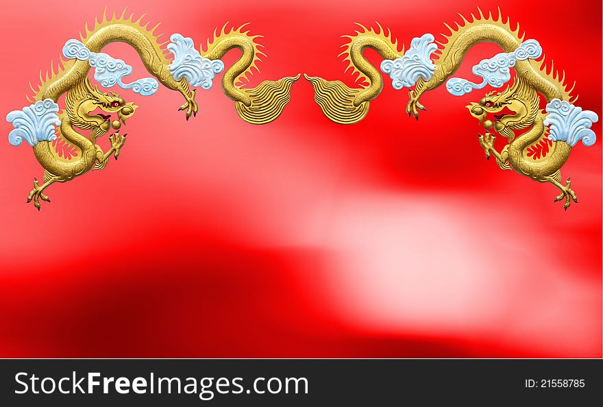 Two golden dragons. On a red background