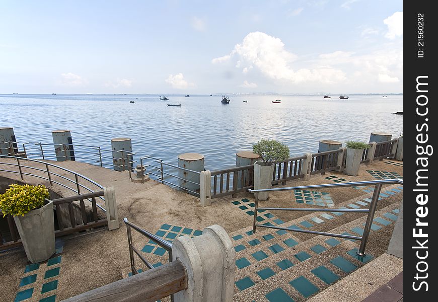 Park with sea view and blue sky