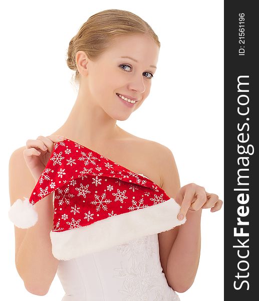 Young happy cheerful woman holding a Christmas hat. Young happy cheerful woman holding a Christmas hat