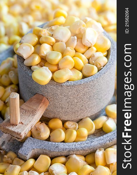 Fresh corn seeds and millstone. Fresh corn seeds and millstone