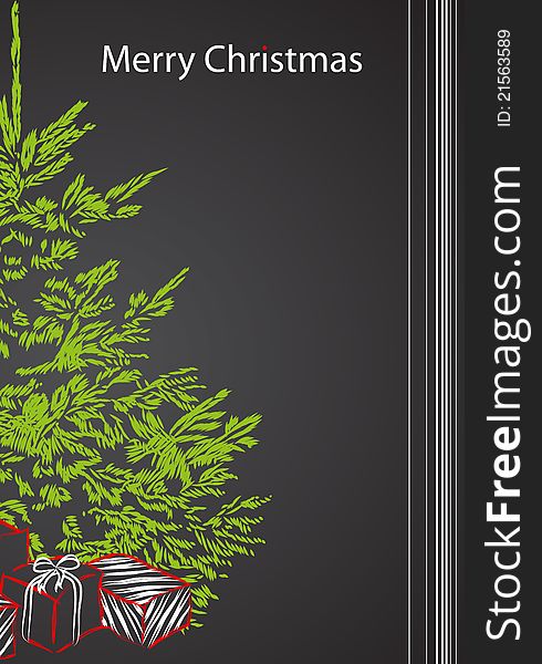 Vector postcard with christmas tree on black background