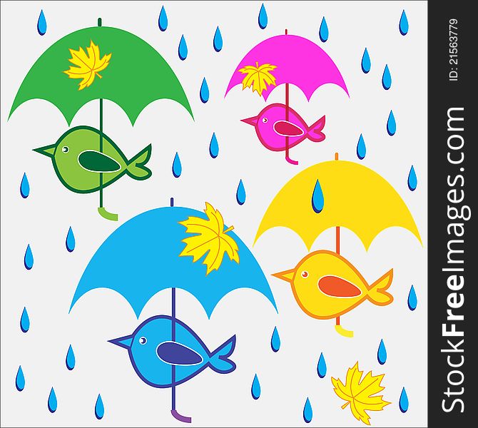 Colored birds under umbrellas. Vector illustration.