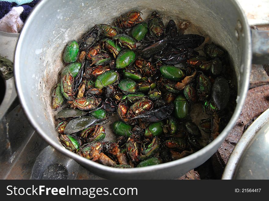 Roasted insects or bugs in pot over a traditional Thai stove and used as snack or light meal