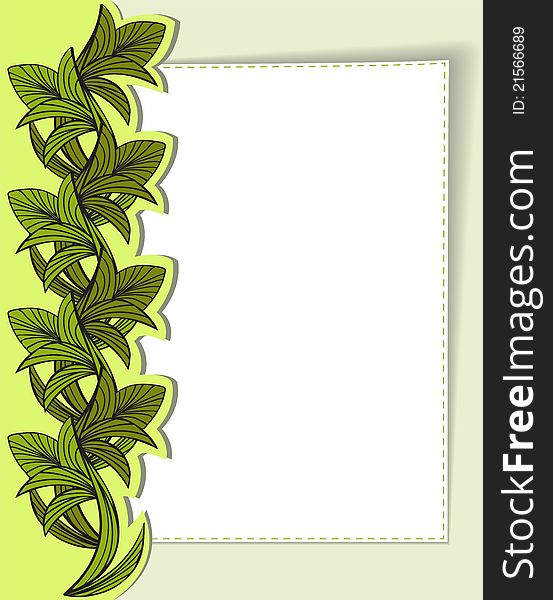 White card with an ornament of green leaves. White card with an ornament of green leaves