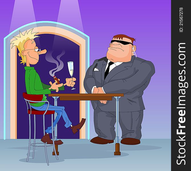 Cartoon illustration of man drinking wine and smoking cigar in bar.