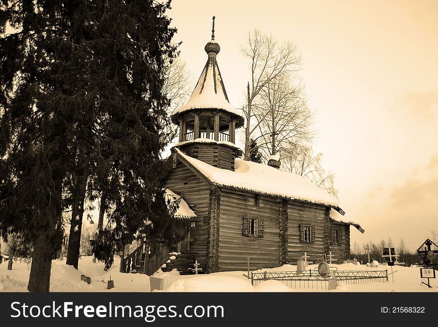 The old wooden church on the north of Russia. Ancient architecture. Sepia.