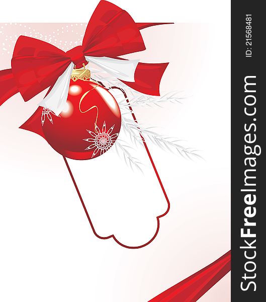 Red Christmas ball with bow and tinsel. Festive card. Illustration