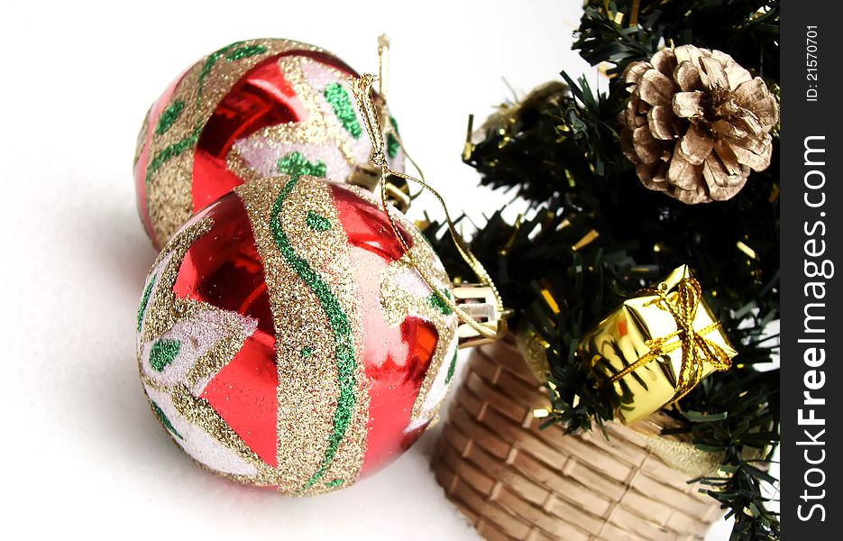 Two Christmas balls decoration on white background