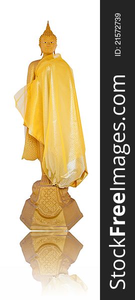 brass Image of Buddha standing with yellow robe