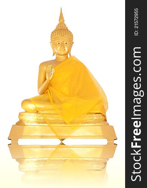 Isolated brass Image of Buddha sitting cross-legged with nagas