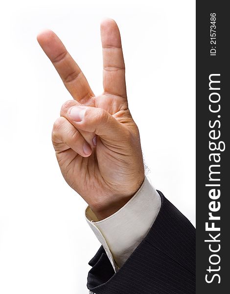 Businessman hand showing a sign. Isolated on a white background.