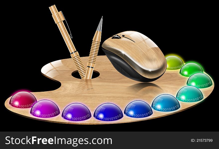 Illustration with a painter's palette of wood with multicolored balls, wood mouse and propelling pencils on black background. Illustration with a painter's palette of wood with multicolored balls, wood mouse and propelling pencils on black background