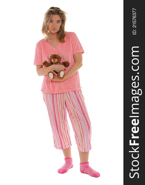 Young lady ready for bed with her teddy bear. Young lady ready for bed with her teddy bear