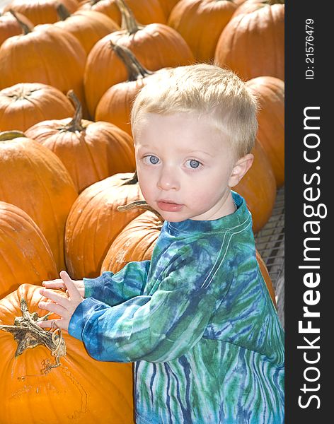 A little boy with a blue tie dyed shirrt on stands in front of a pile of pumpkins. A little boy with a blue tie dyed shirrt on stands in front of a pile of pumpkins