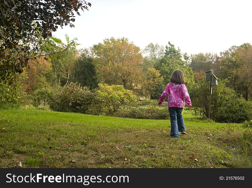 A little girl walks away through a meadow field toward a birdhouse. A little girl walks away through a meadow field toward a birdhouse