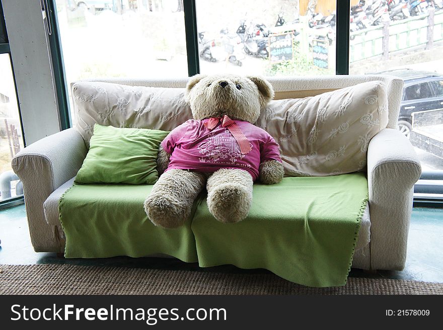 The toy bear sit on the sofa