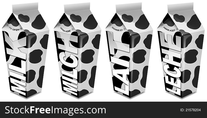 White packaging to black spots of milk, with milk written in english, french, spanish and german. White packaging to black spots of milk, with milk written in english, french, spanish and german