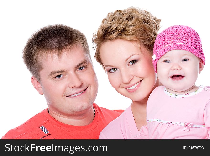 Portrait of happy young famile with beautiful baby on white background. Portrait of happy young famile with beautiful baby on white background