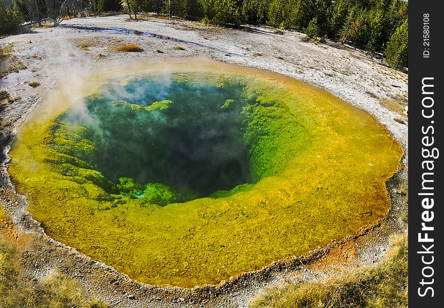 Panorama photo of the Yellowstone National Park, landscape with Morning Glory Pool. Panorama photo of the Yellowstone National Park, landscape with Morning Glory Pool