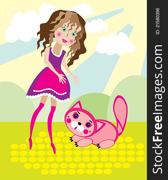 Illustration of little smiling girl with pink cute kitty. Illustration of little smiling girl with pink cute kitty