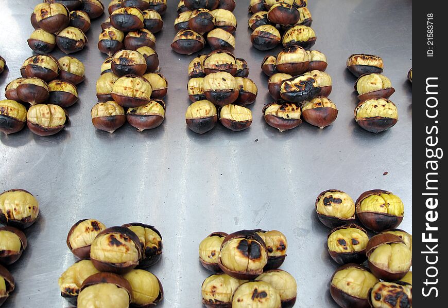 A view of roasted chestnut in the market. It's popular food at winter.