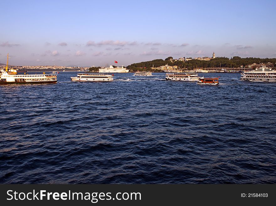 Ships in Bosporus strait in Istanbul, Turkey