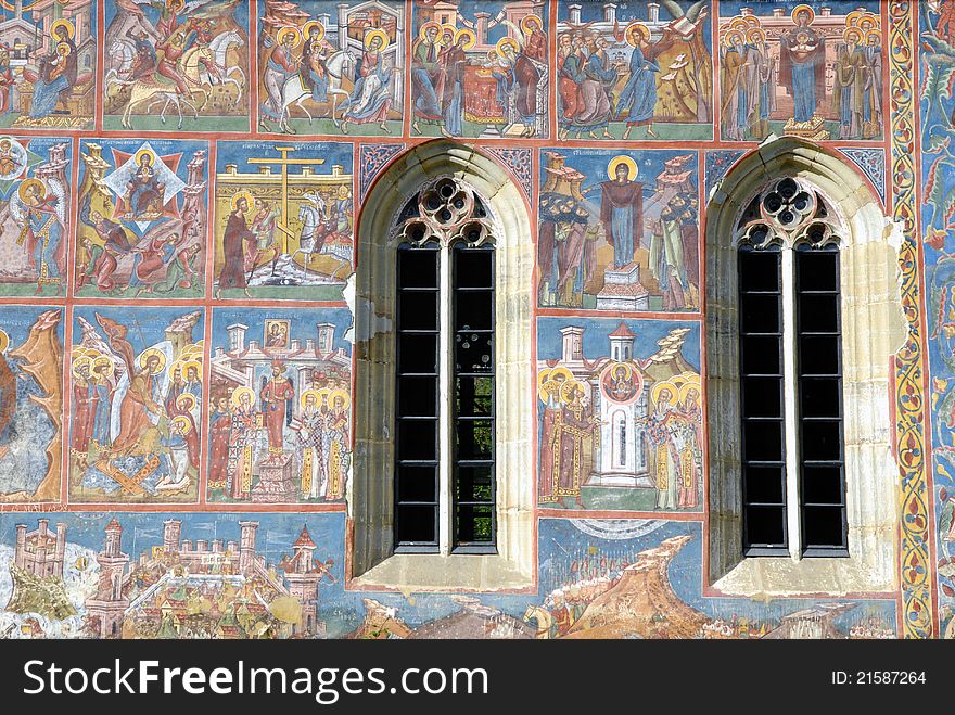 Fresco old monastery painted wall Sucevita romania
