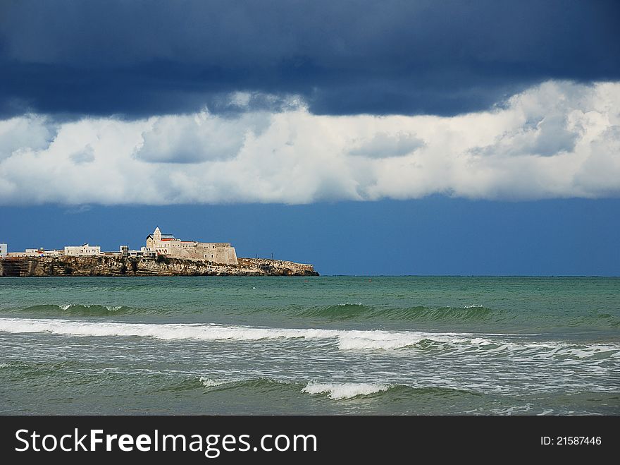 A storm on the sea town of Vieste, Gargano, Italy