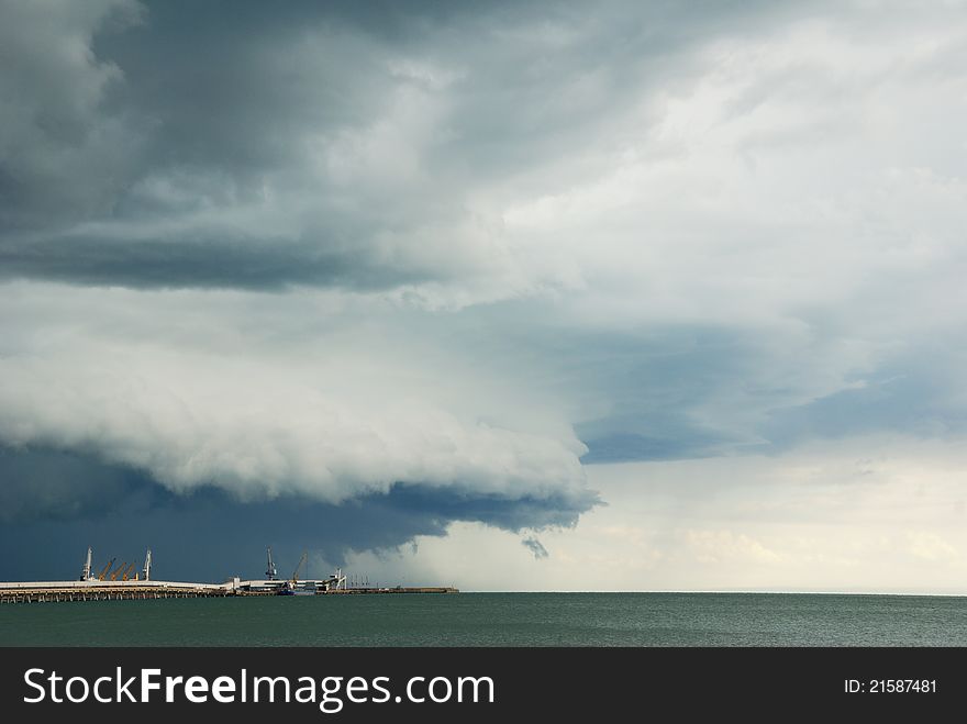 Big thunderstorm on the commercial port of Manfredonia, Italy