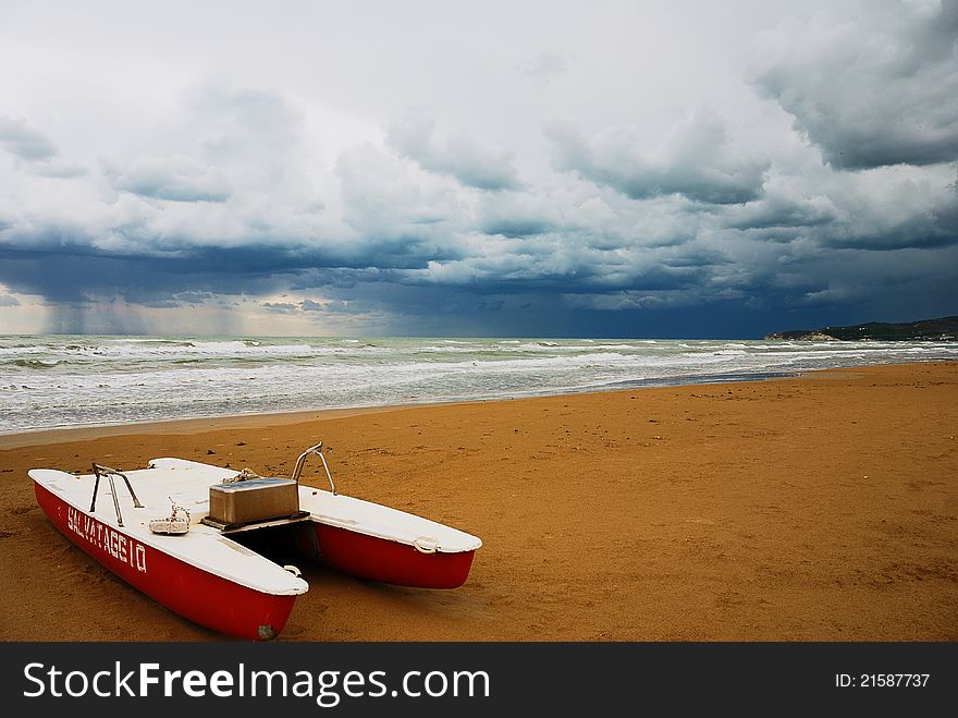 rescue boat on the beach after a sea storm