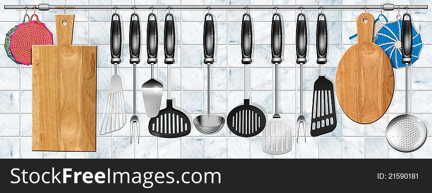 Illustration with kitchen utensils hanging on steel pole on a marble background. Illustration with kitchen utensils hanging on steel pole on a marble background