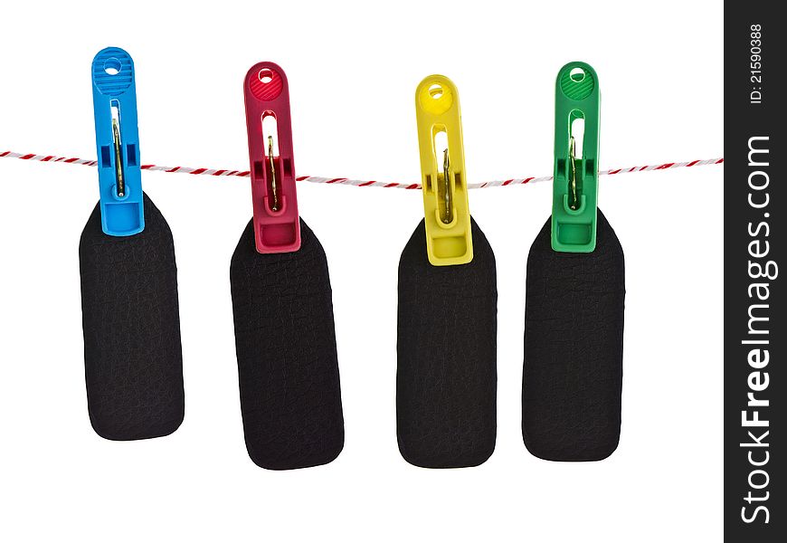 Colorful clothespin with blank leather tag. Colorful clothespin with blank leather tag