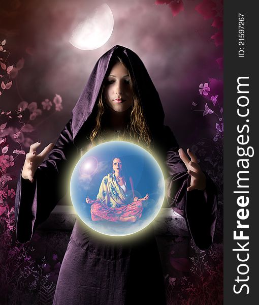 Fantastic portrait of young pretty girl with crystal ball. Fantastic portrait of young pretty girl with crystal ball
