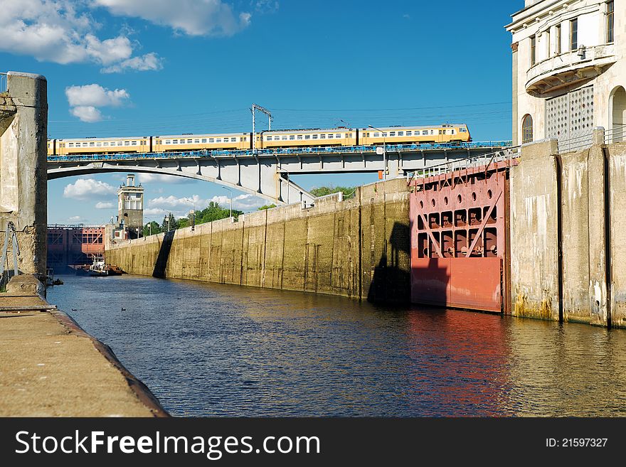 Floodgates on the Moscow canal. The old Soviet architecture.