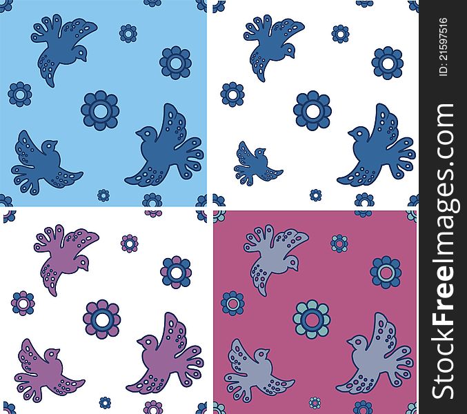 Set of seamless patterns  with stylized doves. Vector illustration