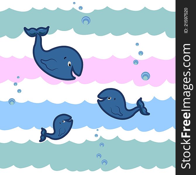 Whales and waves. Vector illustration