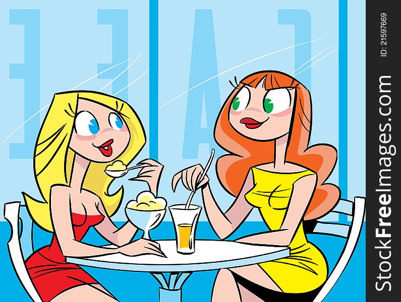 In the illustration, two beautiful girls at a table in a cafe.They talk, drink juice and eat ice cream.Illustration done in cartoon style. In the illustration, two beautiful girls at a table in a cafe.They talk, drink juice and eat ice cream.Illustration done in cartoon style.