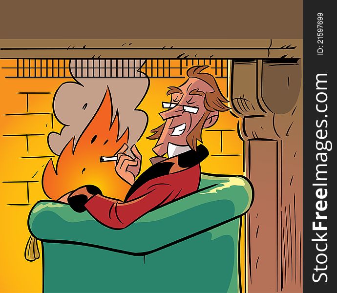 The illustration represented a man who sits in a chair by the fire.Illustration done in the style of comics. The illustration represented a man who sits in a chair by the fire.Illustration done in the style of comics.