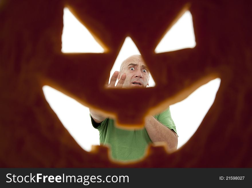 Halloween pumpkin seen from inside as background