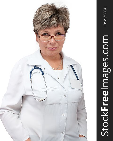 Mature woman doctor with a stethoscope. Mature woman doctor with a stethoscope.