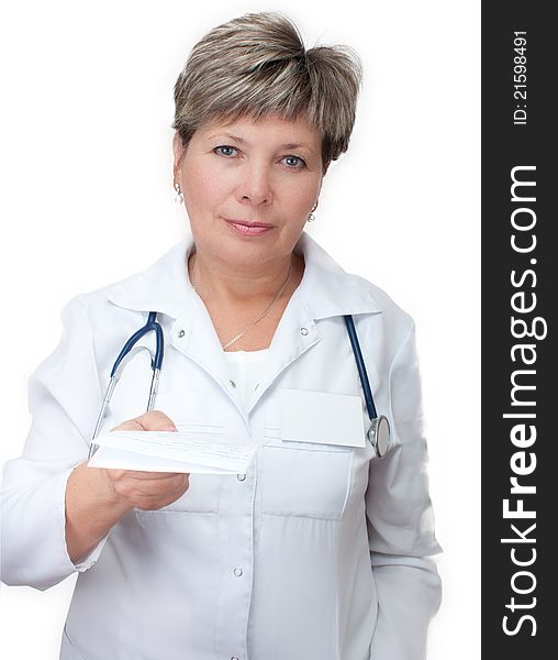 A mature woman doctor holding a prescription
